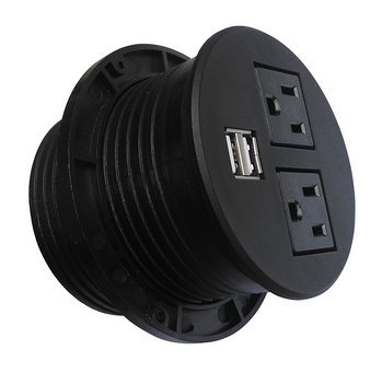 UL Listed Desktop Recessed Power Grommet Hub 2 Power Outlets & Dual USB Ports for Kitchen Office Desk Table (Black)