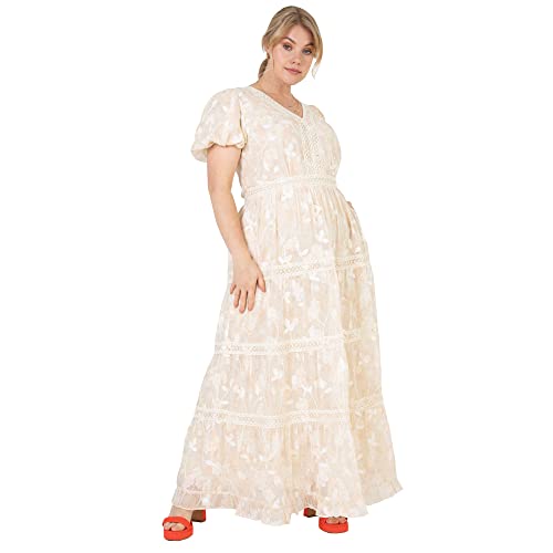Lovedrobe Ladies Plus Size Summer Dress for Women Curve Puffed Short Sleeve Maxi V-Neckline Flowers Floral Lace Cocktail A-Line Vestido de cóctel, Cream, 46 para Mujer