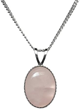 10x8mm Oval Genuine Baby Pink Rose Quartz Cabochon 925 Sterling Silver Pendant + 16 Inch Curb Chain/Necklace