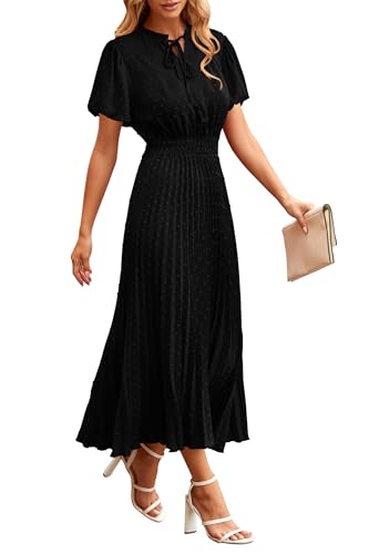 PRETTYGARDEN Womens Summer Midi Dresses Puff Short Sleeve V Neck Swiss Dot Pleated A Line Flowy Long Wedding Guest Dress (Black,Medium) at Amazon