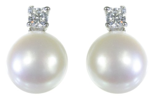 Classical 925 Sterling Silver 7.0mm Freshwater Cultured Pearl Women Stud Earrings with Cubic Zirconia/CZ