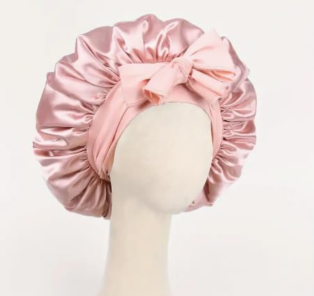 Amie Louise Beauty Supplies Satin Hair Bonnet for Sleeping, Silky Satin Head Cover with Tie Band, Pink