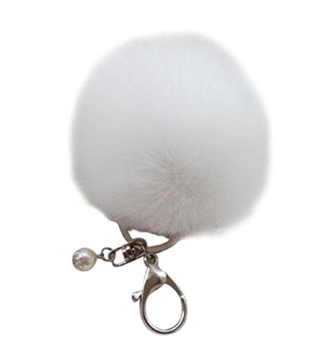Keychains, Mikey Store Rabbit Fur Ball Keychain Bag Plush Car Key Ring Car Key Pendant (White)