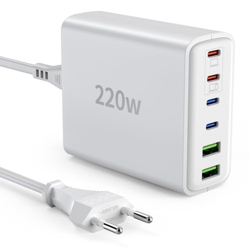 Ombrex USB Ladegerät Mehrfach 220W, 6 Ports USB C Schnellladegerät - QC Charger + PD Netzteil für iPhone 17/16/15, MacBook Pro/Air, Samsung, iPad, Pix