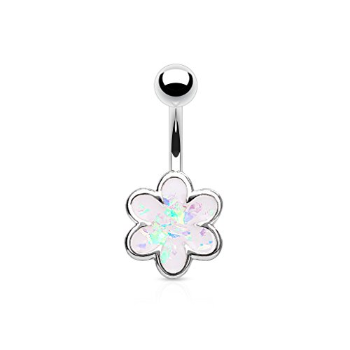 Blue Palm Jewelry 1-14 Gauge 3/8 Inch Barbell Synthetic Opal Glitter Filled 6 Petal Flower Surgical Steel Belly Button Ring B567 (White)