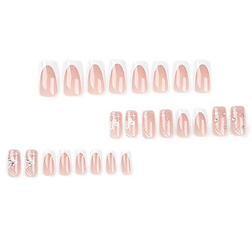Foccna Long Press On Nails - Nude Square Clear Acrylic False Nails - 24PCS French Full Cover Bling Rhinestone Butterfly Design - Image 2
