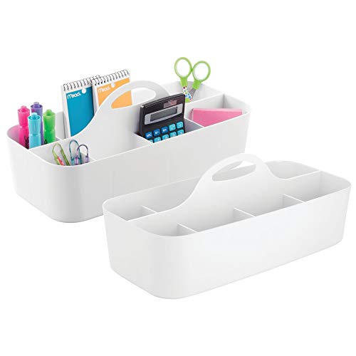 mDesign Large Office Storage Organizer Utility Tote Caddy Holder with Handle for Cabinets, Desks, Workspaces - Holds Desktop Office Supplies, Gel Pens, Pencils, Markers, Staplers, 2 Pack - White