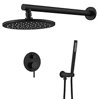 LEEGOYO Bathroom Luxury Rain Mixer Shower Combo Set Wall Mounted Rainfall Shower Head System Matte Black Round Fixed Showerhead Easy Installation and Eco-Friendly(13in Round Matte Black)