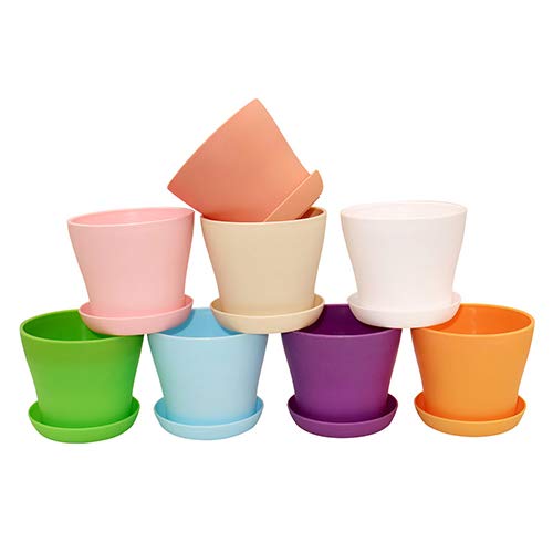 KINGLAKE 16 Pcs Small Plant Pots Indoor 10cm Plastic Flower Pots, Coloured Plastic Plant Pots with Saucers to Decorate, Round Flower Seedling Pots for Cactus Succulent House Plants