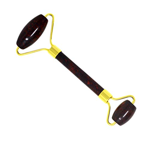 Jade Double-Head Roller Massager Natural Olive Jade Stone Slimming Face Neck Anti-wrinkle Massager Skincare Tool with Natural Stone Necklace (Flower ruby)