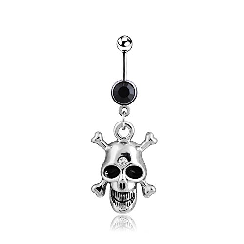 Halloween Belly Button Rings Dangle Sexy Long for Women Girl Surgical Steel 14G Navel Body Piercing Jewelry (black skull head)