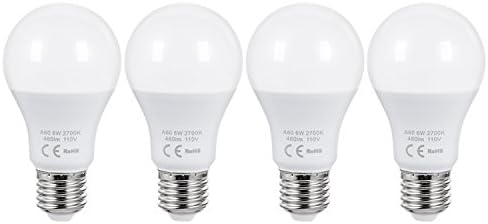 AED Lighting A19 LED Light Bulbs, 6W ( 60Watt Equivalent), 2700K Warm White LED Light Bulb E26 Base, 200 Degree Beam Angle, 480lm LED Bulbs for Home, Not-dimmable, Pack of 4