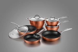 COOKSMARK cooper pan Diamond-Infused Nonstick Induction Safe Cookware Set, Scratch-Resistant Pots and Pans Set with Glass Lids, Dishwasher Safe Oven Safe 10-Piece, Copper Brown
