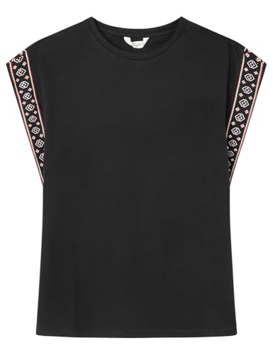 SPRINGFIELD Ethnic Top with Print on Neck/Sleeve T-Shirt à Manches Courtes, Noir, XS Femme