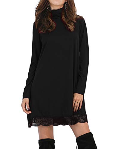 Leadingstar Women Turtleneck Lace Splice Loose Casual T Shirt Dress (Black, XL)