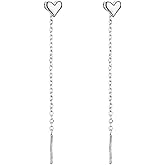 Reffeer Solid 925 Sterling Silver Tiny Cute Heart Dangle Earrings Chain for Women Teen Girls Dangle Earrings Threader Tassel