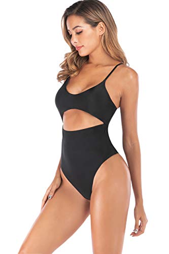 Agreya Women\'s high Slit Halter Back one-Piece Swimsuit (Black, L)