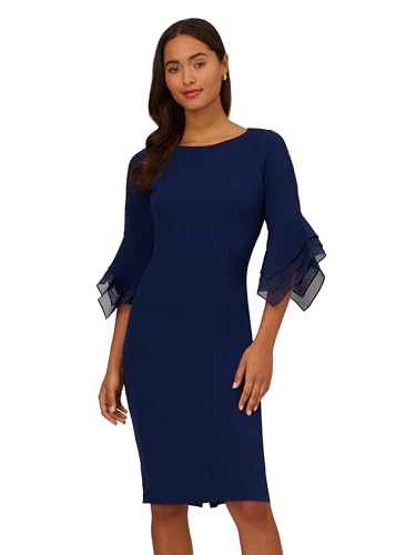 Adrianna Papell Stretch Knit Crepe Sheath Dress with Tiered Organza Bell Sleeve…