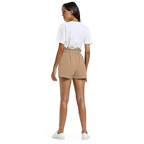 NEWFANGLE Women\'s Casual Paper Bag Shorts Elastic Tie Waist with Pocket Comfy Summer Shorts for Women,Khaki,XXL