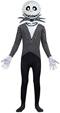 Amatop Jack Skellington The Nightmare Before Christmas Jack Skellington Costume Pinstripe Halloween Cosplay Costume for Men Kids Boys,with Accessories