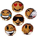 ACO Polymer Products Sequined Emoticon Round Mini 5.5 inch Pillows, Set of 6 Emoji Expressions Designs, Reversible Mermaid Sequins