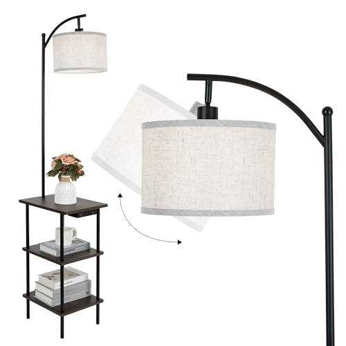 Vintage Stehlampe mit Regal, Holz Beistelltisch mit Ladestation, Walnuss Retro Stehleuchte mit 3-Ebenen Stauraum, Schwenkbar, für Wohnzimmer, Schlafzimmer, Ecke, Arbeitszimmer