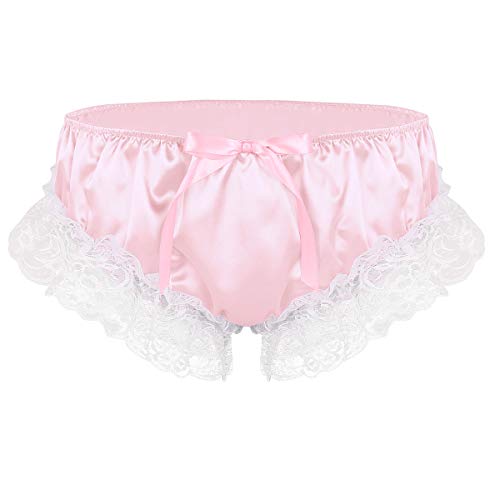 MSemis Men Sissy Crossdress Panties Lace Satin Frilly Ruffled Bloomer Thong Underwear Lingerie Pink Medium (Waist 30.0''-46.0