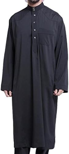Nicelly Men Button Down Stand Collar Muslim Solid-Colored Arab Robe Black S
