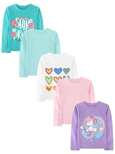 WVQ 5 Pack Girls Long Sleeve Shirts Cotton Graphic T-Shirts Tops Clothes for Kids Girls 5-12 Years