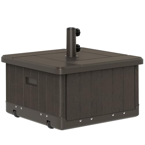 Outsunny 3-in-1 Outdoor Umbrella Base, Coffee End Table, Flower Box Planter with Drain Hole, Square Plastic 176lb Sand Fillable Patio Umbrella Stand Table w/Wheels, Handles, Brown