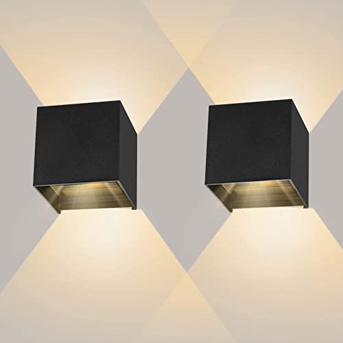 Sunsign lampara exterior pared, 12W lampara de pared, iluminación led modernos, Ángulo de haz ajustable hacia arriba y hacia abajo, IP65 impermeable, 2 pieza, negro(luz calida)