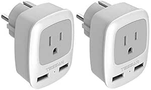 Type E/F Germany European Adapter 2 Pack, TESSAN Schuko France Travel Power Plug 2 USB, Outlet Adaptor Charger for US to Most of Europe EU Spain Iceland German French Russia Korea Greece Norway