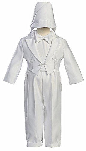 White Round Tail Satin 5 Piece Tuxedo with Embroidered Cross and Hat - XS (0-3 Month)