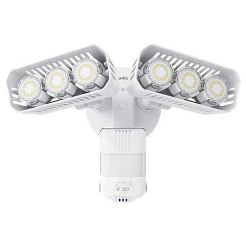 SANSI 38W 5000LM Luces de sensor de movimiento al aire libre, luces de inundación al aire libre con detector de 4 modos ajustables, equivalente a 500W 5000K de atardecer a amanecer, IP65 impermeable