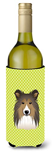 Caroline's Treasures BB1304LITERK Checkerboard Lime Green Sheltie Wine Bottle H…