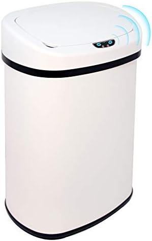 13 Gallon Touch Free Automatic Stainless Steel Trash Can Garbage Can Metal Trash Bin with Lid for Kitchen Living Room Office Bathroom, Electronic Touchless Motion Sensor Automatic Trash Can – White