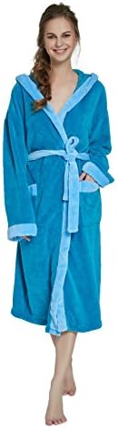 Women's Hooded Bathrobe by OUFANG - TURQUOISE /BLUE Soft spa Kimono Shawl Collar Hooded Long Robe Unisex (Medium)