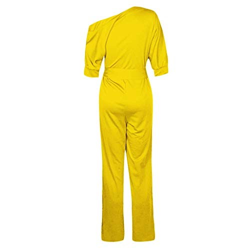 Sunhusing Women Solid Color Sexy Off-Shoulder Short Sleeve Siamese Trousers Belt Strappy Slim Jumpsuit Pants Yellow