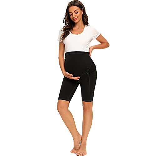 MAZUSPORTS WOMEN’S MATERNITY YOGA SHORTS OVER THE BELLY ACTIVE COMFY BIKER WORKOUT RUNNING ATHLETIC SHORTS SIDE POCKETS (BLACK, XL)