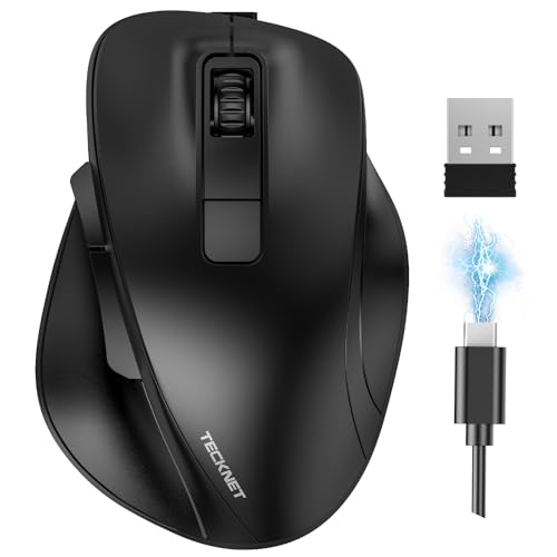 TECKNET Ergonomic Bluetooth Mouse, Rechargeable Wireless Mouse with 3 Devices (2*Bluetooth+USB), Ergonomic Thumb Rest, 4800 DPI, 6 Buttons, Silent USB Mouse for Laptop/PC/Tablet/MacBook