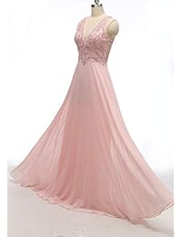 Vestido de dama de honor con cuello en V, largo con cuentas, de gasa, de encaje, para la playa, bodas, para dama