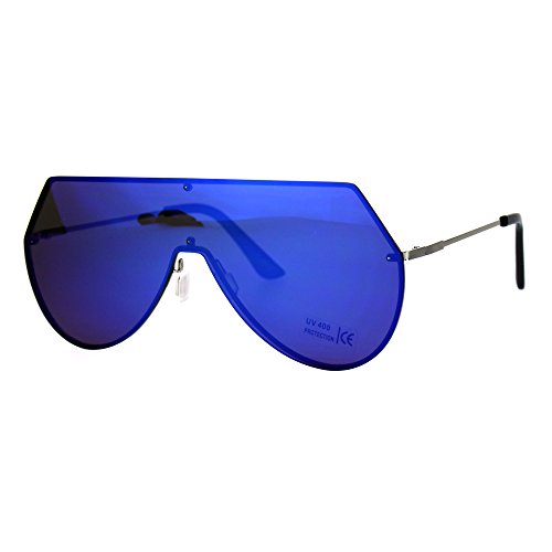 Shield Frame Sunglasses Rims Behind Lens Flat Top Angled - Blue Purple Mirror