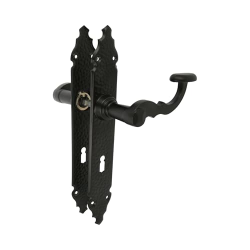 Amig - Set von Türklinken Mod. 100PG | 280 x 44 mm | Klinke aus Zamak mit Stahlplatte | Schwarz | Inklusive Schlüsselrosette für Gorjaschloss | 8 mm Vierkant | Handgeschmiedeter rustikaler Stil