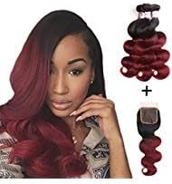 RACILY 1B Burgundy Ombre Bundles with Closure, 10A Brazilian Body Wave Hair 3 Bundles with Lace Closure, 4x4 Inches Dark Red 99J Closure, Claret Wine Red Human Hair (16" 18" 20" & Closure 14")