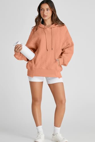 ALVAQ SWEATSHIRT FOR WOMEN FASHION FALL OUTFITS 2024 OVERSIZED TEXTURED SLIT HIGH-LOW DRAWSTRING HOODIES TUNIC PULLOVER TOPS WINTER CLOTHES ORANGE X-LARGE