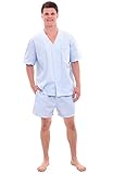 Del Rossa Men's Cotton Pajamas, Short V-Neck Woven Pj Set, Large White and Blue Striped (A0698P16LG)