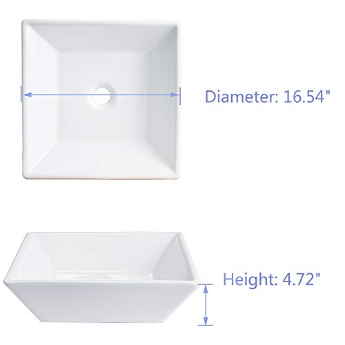 VCCUCINE White Square 16.54"X 16.54" Bathroom Porcelain Ceramic Vessel Sink, Countertop Sink for Lavatory Vanity Cabinet