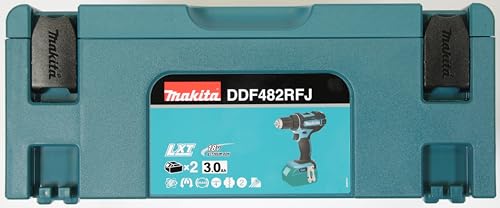 Makita DDF482RFJ Cordless Drill 18 V / 3.0 Ah, 2 Batteries and Charger in MAKPAC Black, Blue