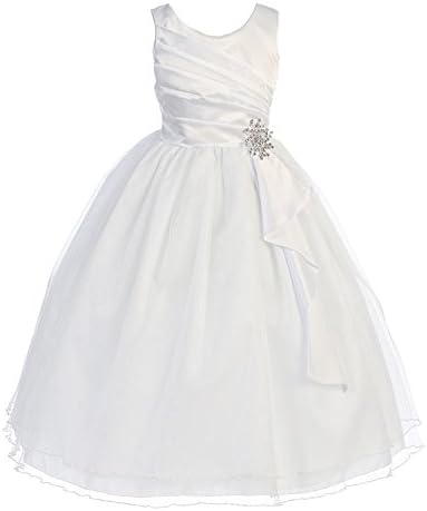 Big Girls White Layered Brooch Tulle Junior Bridesmaid Dress 8-14