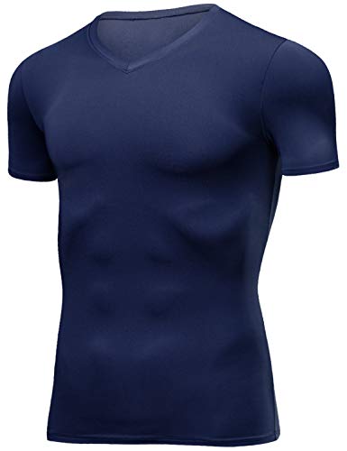 Lavento Men's Compression Shirts Cool Dry Short-Sleeve Workout Undershirts (3 Pack-V Neck Black/Dark Gray/Navy Blue,2X-Large) - Thumbnail 4
